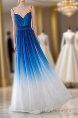 Spaghetti Strap Royal Blue Ombre Long Chiffon Royal Blue Ombre A Line Sweetheart Evening Prom Dress