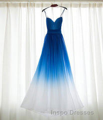 Spaghetti Strap Royal Blue Ombre Long Chiffon Royal Blue Ombre A Line Sweetheart Evening Prom Dress