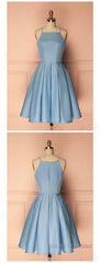 Sky Blue A Line Satin Blue Spaghetti Straps Short Evening Prom Dress