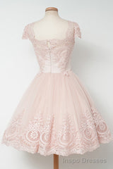 Vintage Knee Length A Line Pearl Pink Lace Homecoming Dresses