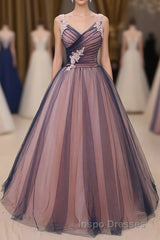 Charming A Line V Neck Navy Blue Princess Tulle Evening Prom Dress