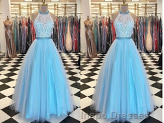 Prety Halter Long Lace Tulle Beding Light Blue For Teens Elegant Evening Prom Dress