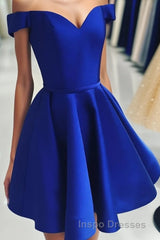 A Line Off The Shoulder V Neck Cheap Royal Blue Short Knee Length Taffeta Dc07 Evening Prom Dress