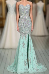 High Quality Mermaid Rhinestones Long Sexy Sweetheart Front Split Mint Chiffon Trumpet 2024 Evening Prom Dress