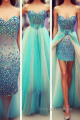 Sexy Colored Crystal Rhinestones Removable Skirt Sheath Long Heavy Beadings Green Champagne Long Evening Prom Dress