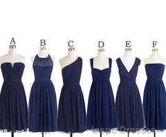 Short Navy Blue Chiffon Mismatch Maid Of Honor Girls Group In Knee Length Simple Prom Dresses