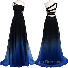 One Shoulder Navy Blue Royal Blue Ombre Gradient Color Chiffon Long Ombre For Sweet 16 Evening Prom Dress