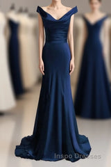 red mermaid off shoulder navy blue Evening Prom Dress mermaid satin backless charming formal Evening Prom gowns 2024 party dress
