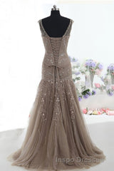 Mermaid Lace Up Brown Tulle Modest Beading V Neck Evening Prom Dress