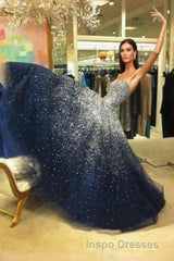 A Line Navy Blue Beading Tulle Evening Prom Dress