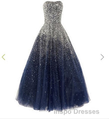 A Line Navy Blue Beading Tulle Evening Prom Dress