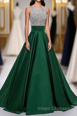 Satin Green Modest Beading Long For Teens Evening Prom Dress