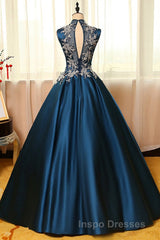 Blue Dreses Satins Lace Applique A Line Long Evening Prom Dress
