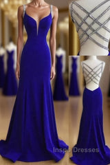 Sexy Mermaid Spaghetti Straps Royal Blue Long With Beading Sexy Evening Prom Dress