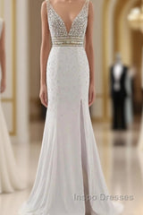 Evening Prom Dress Evening Party Gowns Long Sexy High Slit Chiffon Crystal