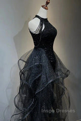 Evening Prom Dress Sparkle & Shine Dress Wedding Partysleeveless Halter Wednesday Addams Family Sequined With Crystals Sequin Ruffles