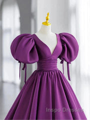 Puffy Sleeve Backless Satin Purple Backless Evening Prom Dress