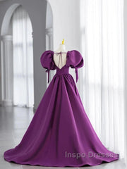 Puffy Sleeve Backless Satin Purple Backless Evening Prom Dress