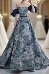 Puffy Sleeves Print Blue Quinceanera Evening Prom Dress