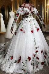 Puffy Long Sleeves Off the Shoulder Lace Tulle Evening Prom Dress with Appliques
