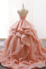 Puffy Tulle Long Evening Prom Dress with Beading, A Line Sleeveless Party Gown