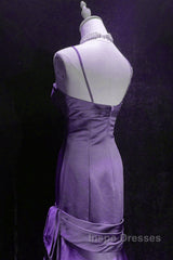 Purple A-Line Mermaid Straps Evening Dress, Purple Satin Evening Prom Dress Formal Dress