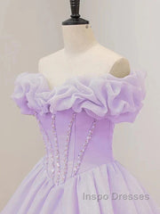 Purple A-Line Off Shoulder Long Ball Dress Purple Dress Evening Prom Dress