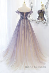 Purple Gradient A-Line Beaded Tulle Long Evening Prom Dress, Floor Length Purple Evening Dress