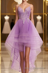 Purple High Low Lace Evening Prom Dress, Light Purple High Low Lace Formal Homecoming Dress