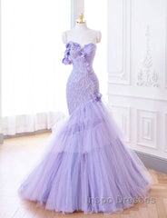 Purple Mermaid Sweetheart Neck Tulle Beaded Long Evening Prom Dress Strapless Sequin Applique Wedding Dress