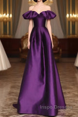 Purple Satin A-Line Off Shoulder Long Evening Dress, Purple Satin Evening Prom Dress