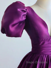 Purple Satin A-Line Short Sleeves Long Formal Dress, Purple Evening Dress Evening Prom Dress