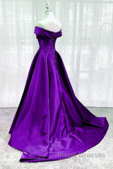 Purple Satin Sweetheart Long Party Dress Evening Prom Dress, Off Shoulder Purple Evening Dress