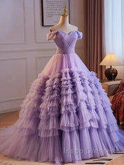 Purple Sweetheart Tulle Layers Sweet 16 Dress Long Evening Prom Dress A Line Off Shoulder Solid Color