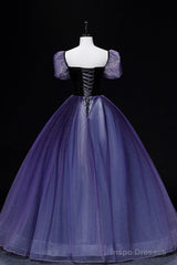 Purple Tulle Long A-Line Prom Dress, Purple Short Sleeve Princess Dress