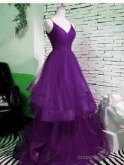 Purple V-neckline Straps Layers Tulle Party Gown, Purple Evening Dress