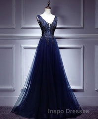 Dark Blue Lace V Neck Long Evening Prom Dress, Lace Evening Prom Dress