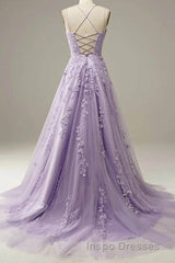 Light Purple Lace Applique A Line Spaghetti Straps Evening Prom Dress Evening Prom Gown