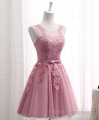 Pink Round Neck Lace Tulle Evening Prom Dress, Lace Evening Prom Dress
