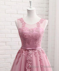 Pink Round Neck Lace Tulle Evening Prom Dress, Lace Evening Prom Dress