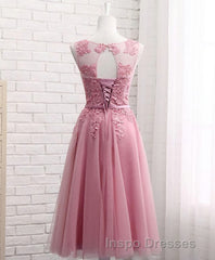 Pink Round Neck Lace Tulle Evening Prom Dress, Lace Evening Prom Dress