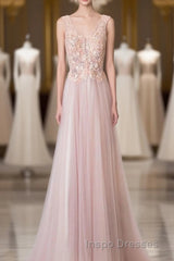 Pink V Neck Lace Long Evening Prom Dress, Cheap Evening Prom Dress