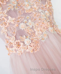 Pink V Neck Lace Long Evening Prom Dress, Cheap Evening Prom Dress