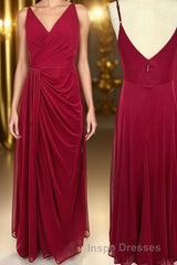 Wine Red Ruched V Neck Long Bridesmaid Dress