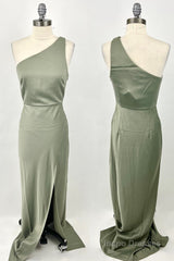 One Shoulder Green Mermaid Long Bridesmaid Dress with Slit
