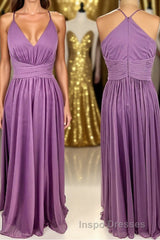 Purple Straps A-line Long Bridesmaid Dress