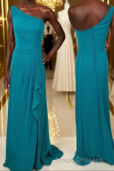 One Shoulder Turquoise Ruffles Chiffon Long Bridesmaid Dress