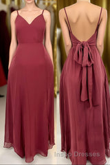 Ruffle Straps Burgundy Chiffon A-line Long Bridesmaid Dress