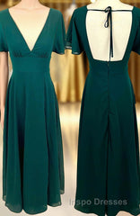 Flounce Sleeves Green Chiffon V Neck Long Bridesmaid Dress