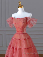 Red Aline Tulle Long Evening Prom Dress, Red Tulle Formal Graduation Dress With Beading Sequin